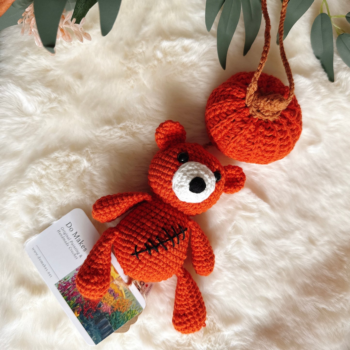 Dark Orange Pink Crochet Pumpkin Bear Charm