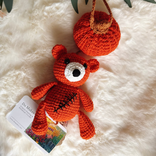 Dark Orange Pink Crochet Pumpkin Bear Charm