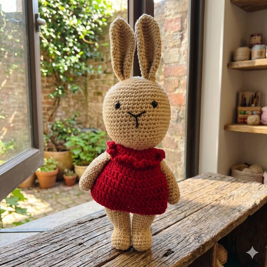 Brown Crochet Bunny - Red Dress