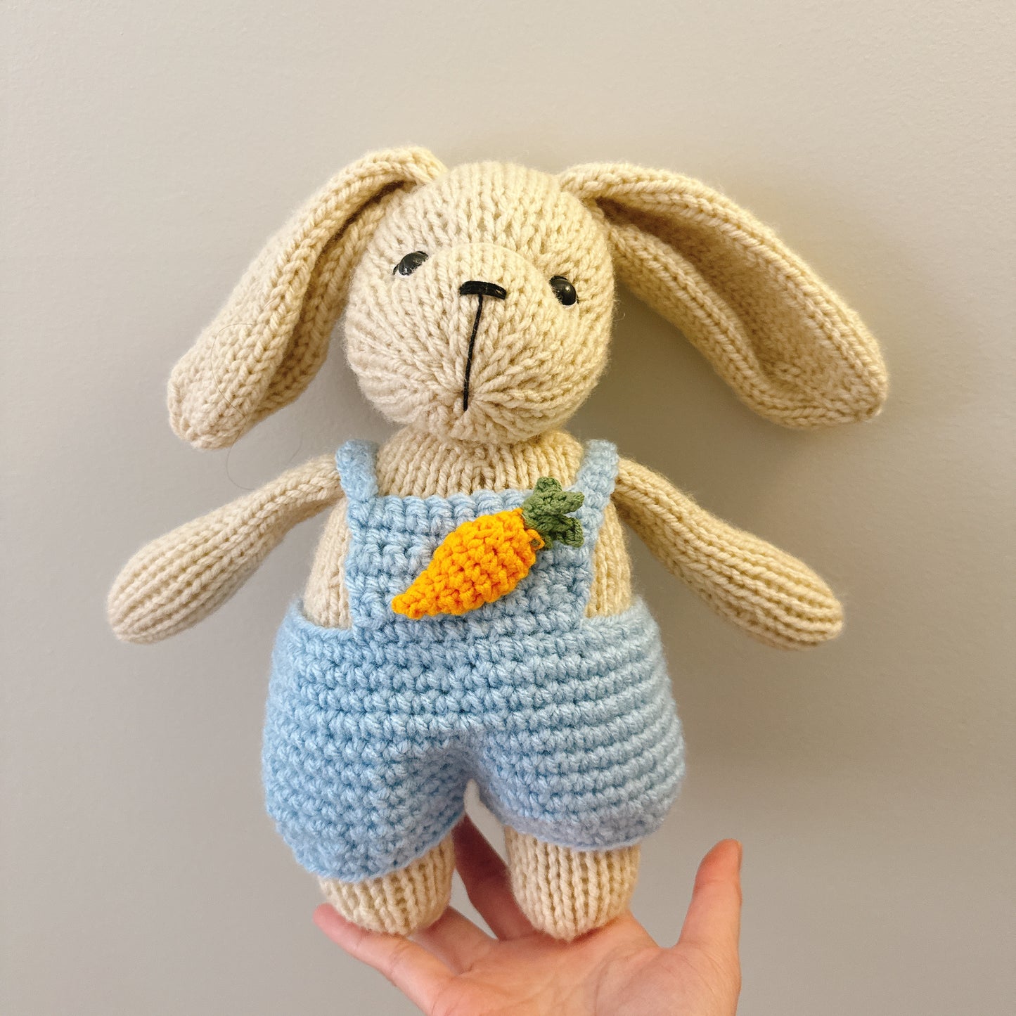 Knitted Bunny with blue overalls