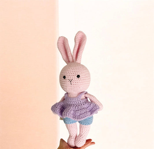 Handmade Crochet Bunny w Purple Dress-XL