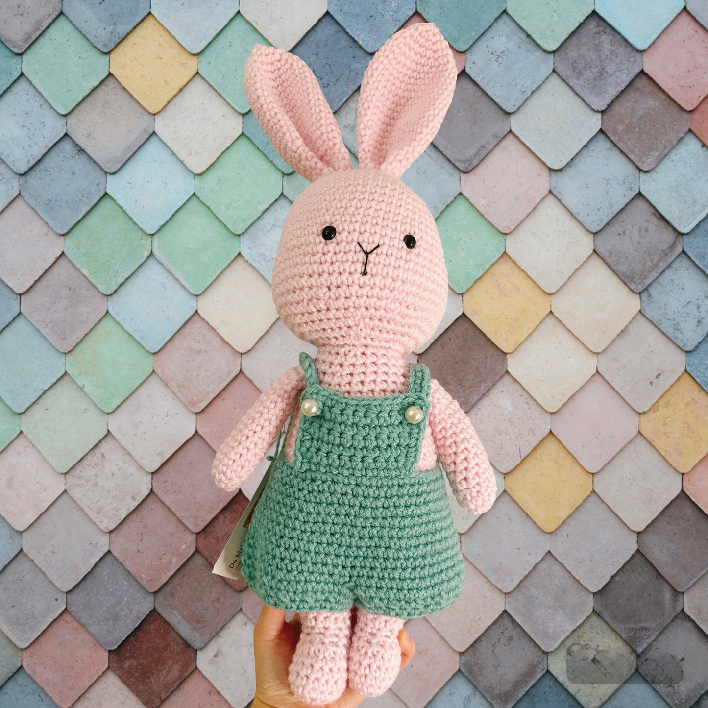 Handmade Crochet Bunny w Turquoise Overalls-XL