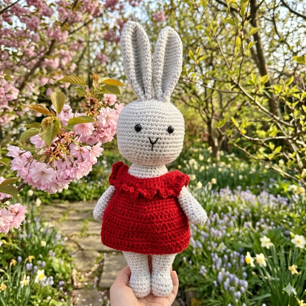 Silver Crochet Bunny - Red Dress
