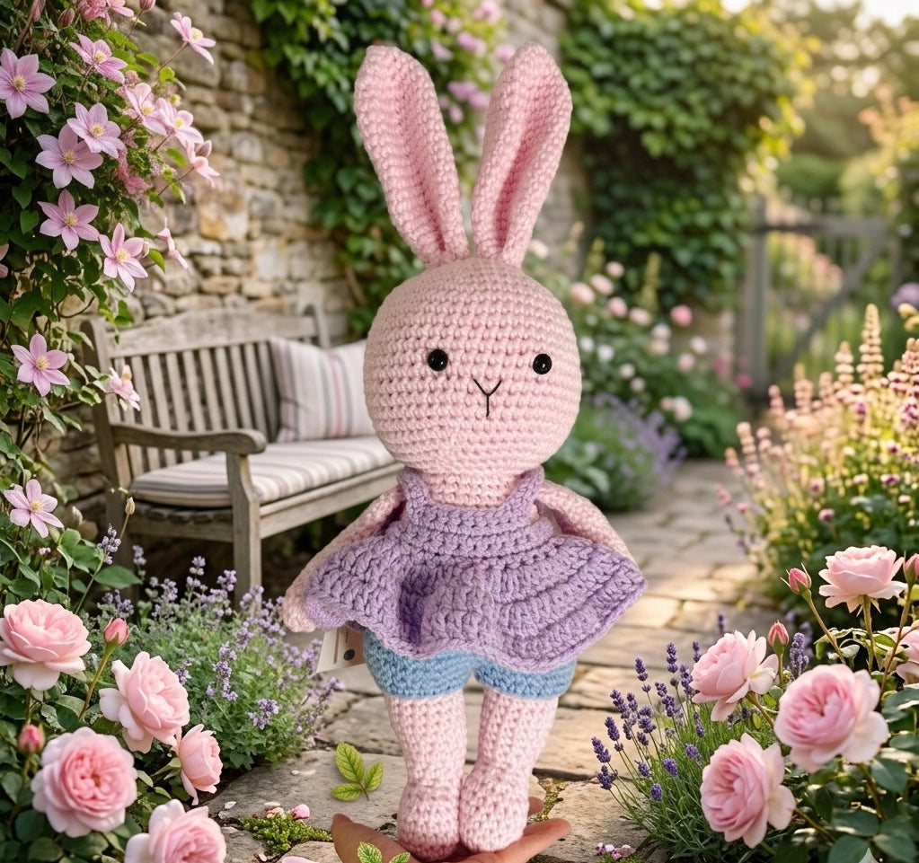 Handmade Crochet Bunny w Purple Dress-XL