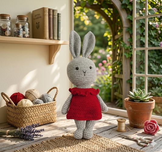 Grey Crochet Bunny - Red Dress
