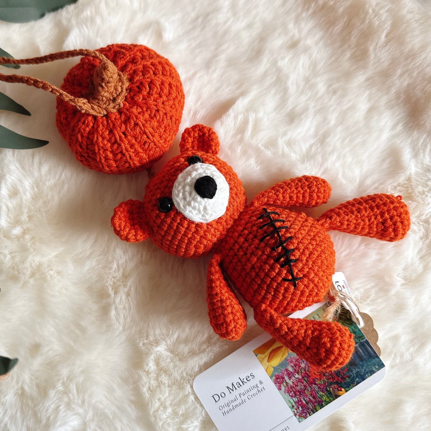 Dark Orange Pink Crochet Pumpkin Bear Charm