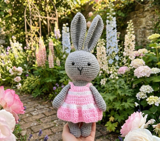 Grey Crochet Bunny - Pink dress