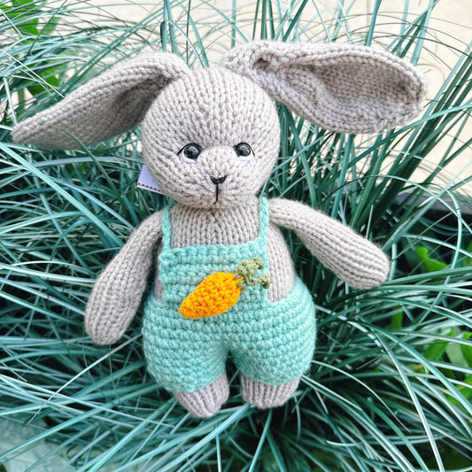 Knitted Bunny with Turquoise overalls