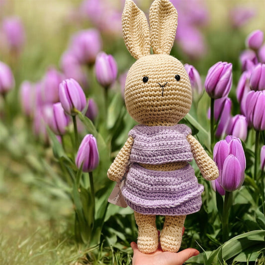 Handmade Crochet Bunny w purple dress-L