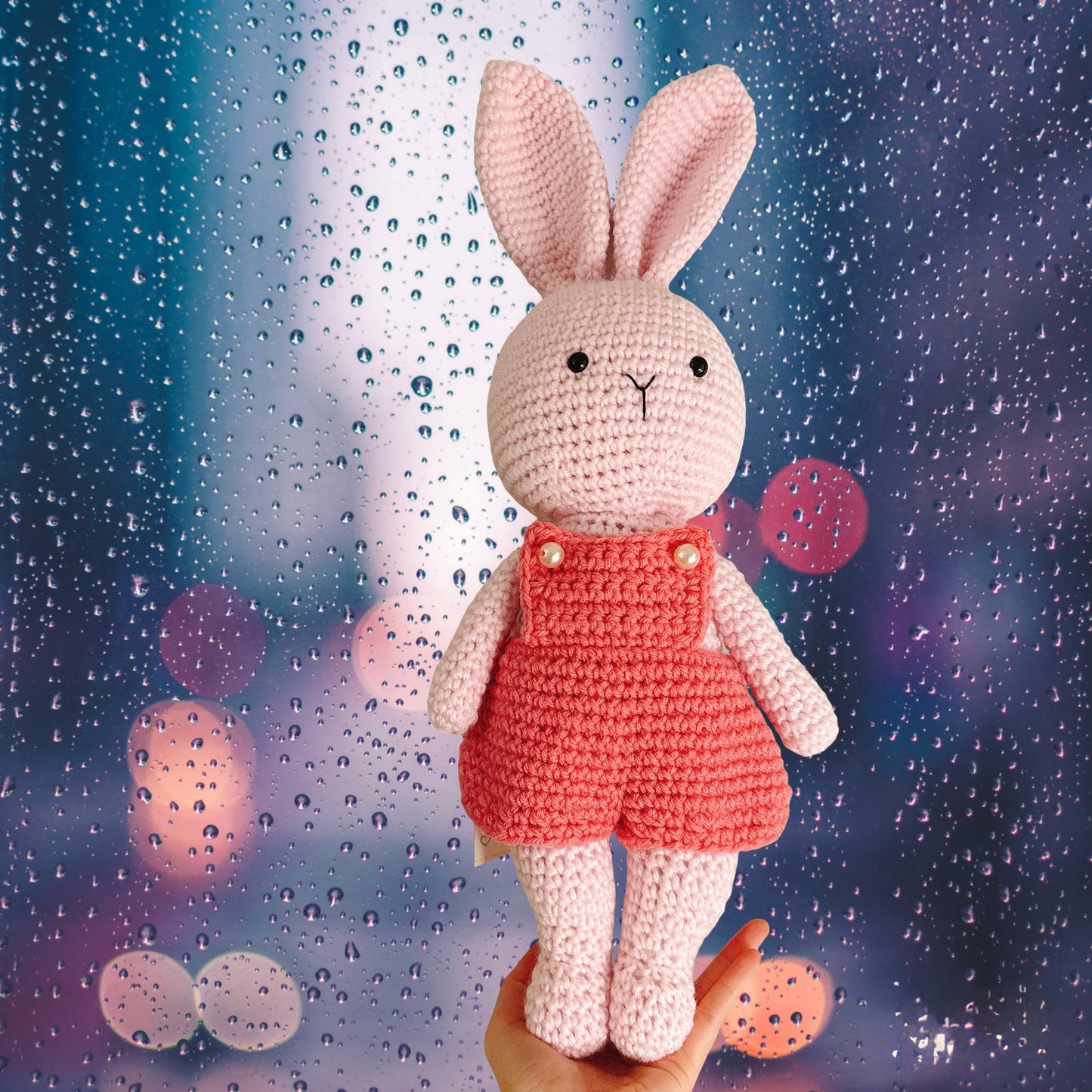 Handmade Crochet Bunny w Pink Overalls-XL