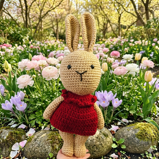 Brown Crochet Bunny - Red Dress