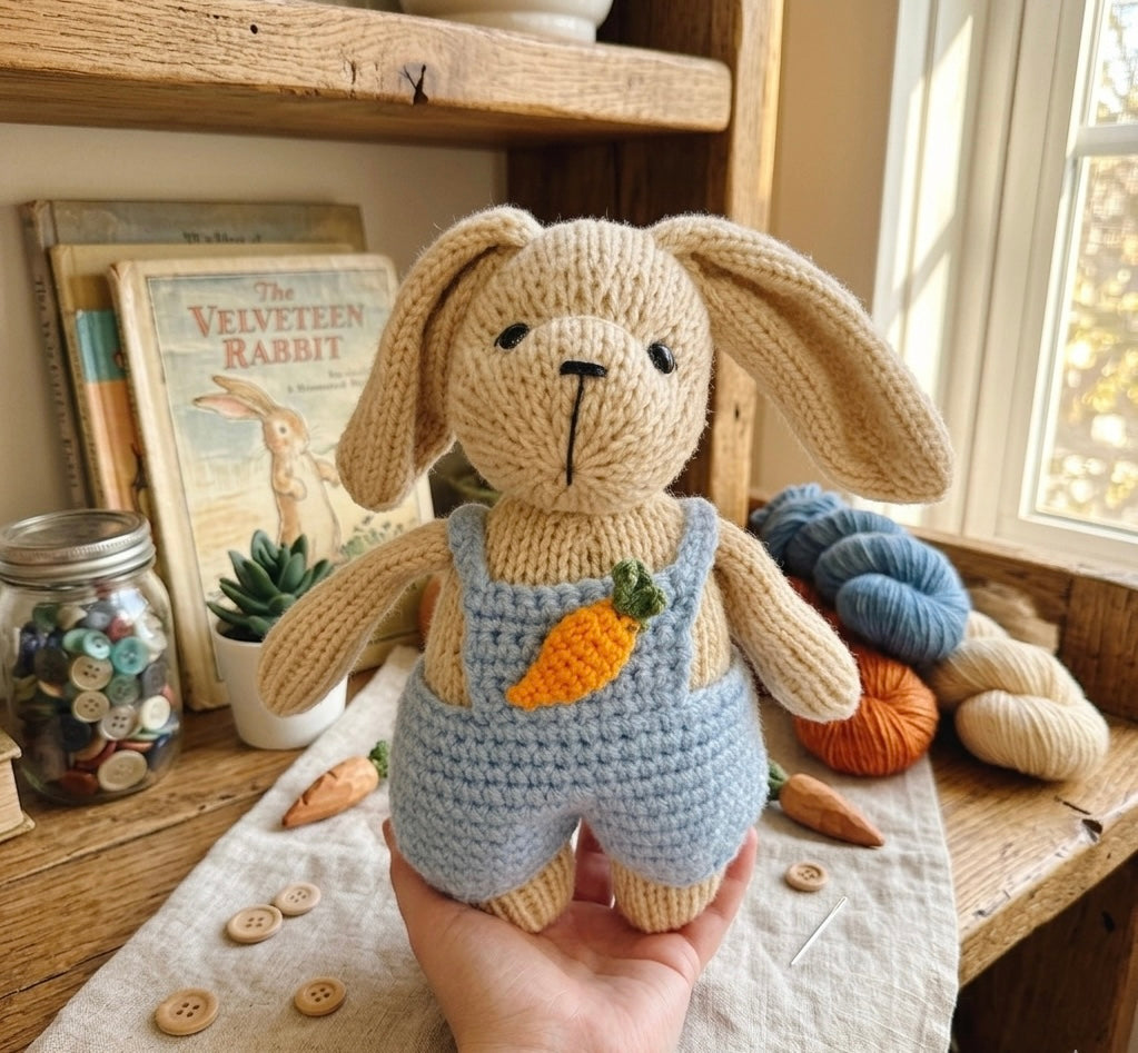 Knitted Bunny with blue overalls