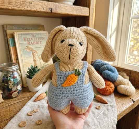 Knitted Bunny with blue overalls