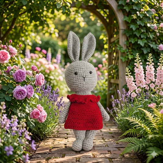 Grey Crochet Bunny - Red Dress