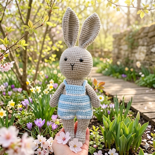 Grey Crochet Bunny - Blue x White Overalls