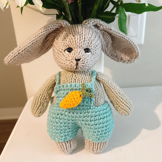 Knitted Bunny with Turquoise overalls
