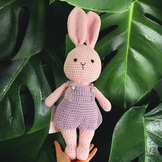 MHandmade Crochet Bunny w Purple Overalls-L