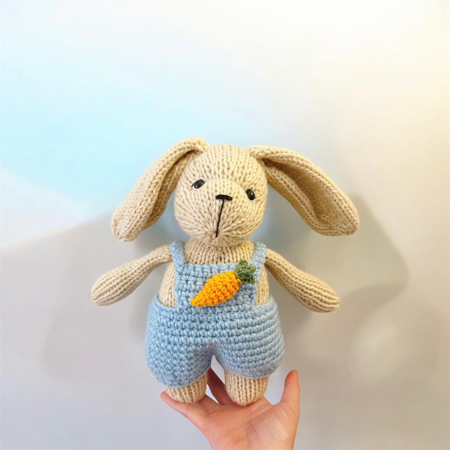 Knitted Bunny with blue overalls