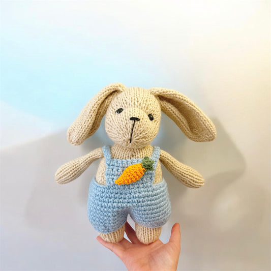 Knitted Bunny with blue overalls