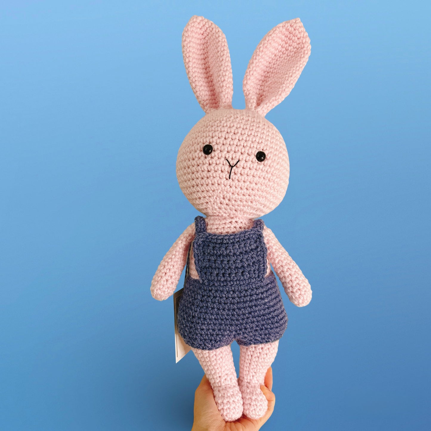 Handmade Crochet Bunny w Blue Overalls-L