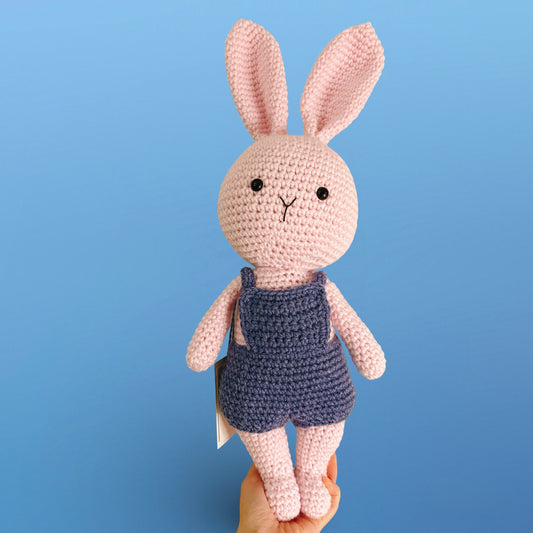 Handmade Crochet Bunny w Blue Overalls-L