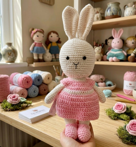 White Crochet Bunny - Pink Dress